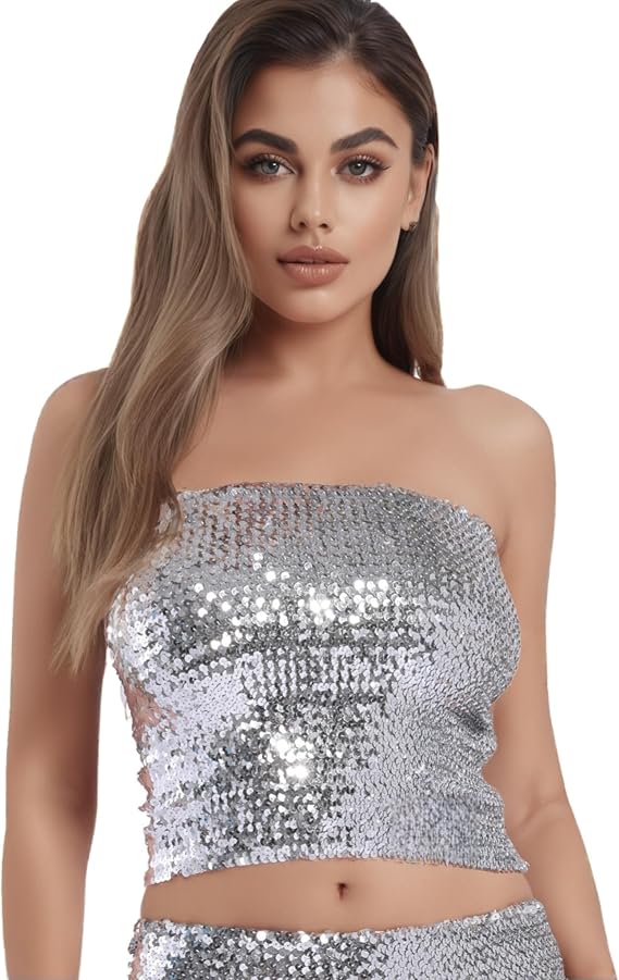 Women's Sparkling Sequin Tube Top Sexy Stretchy Strapless Crop Top Camisole for Costume Party Clubwear