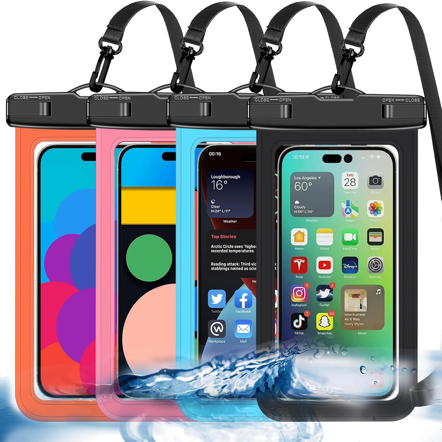 4 Pack Multicolor Universal Waterproof Phone Pouch, Large Phone Waterproof Case Dry Bag Protection level: IP68 Outdoor Sports for Apple iPhone,Samsung,and up to 7.5" Black,Blue,Pink,Orange