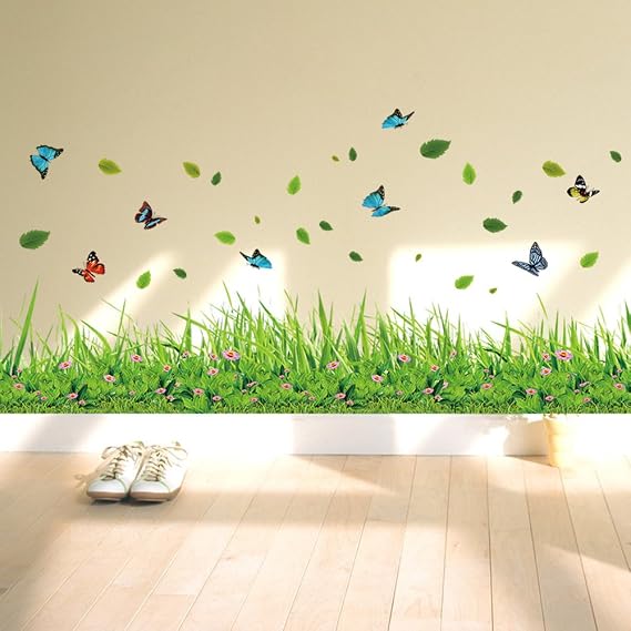 ufengke Green Grass Flowers Butterflies Wall Stickers, Living Room Bedroom Baseboard Removable Stickers