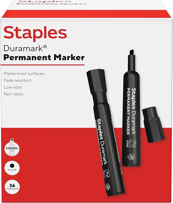 Staples Tank Permanent Markers, Chisel Tip, Black, Duramark, 36-Pack