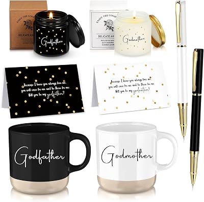Baderke 2 Set 8 Pcs Godparents Proposal Gift Madrina Padrino Mug Will You Be My Godparents from Godchild Card Scented Candle Jar Ballpoint Pen Valentines Baptism Gift for Godmother GodfatherEnglish