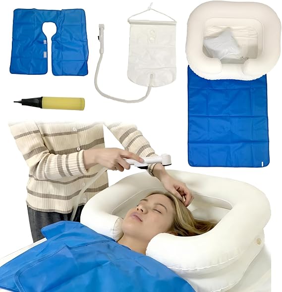 Bedside Shower System, Overhead Shower with Water Bag 2.1 Gallons, Inflatable Shampoo Basin Kit for Disabled and Elderly Bed Easy & Safe Bathing & Shampooing (Set of 6)