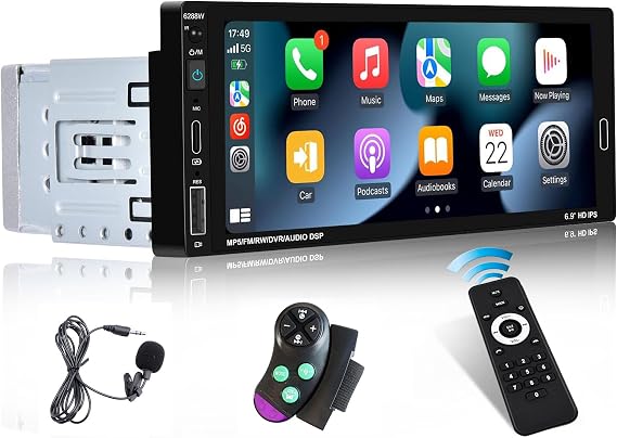 [Fuluku] 6.9 Inch Single Din Car Stereo with Wireless Carplay Android Auto | Wireless Carplay Android Auto,1 Din Car Radio BT with Backup Camera, Mirror Link, FM, EQ, USB/Type-C/Aux Input, Mic, SWC