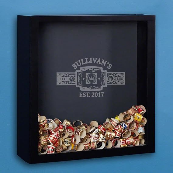 Engraved Cigar Band Shadow Box Display Case - Fine Cigars Black Wooden Shadow Box Frame, Personalized Product
