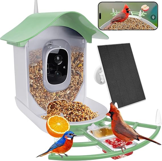 Smart Bird Feeder with Camera Solar Powered,AI Identify Species,2K HD Video Auto Capture Live for Outdoor Backyard,Ideal Gift for Family Bird Lovers (Green)