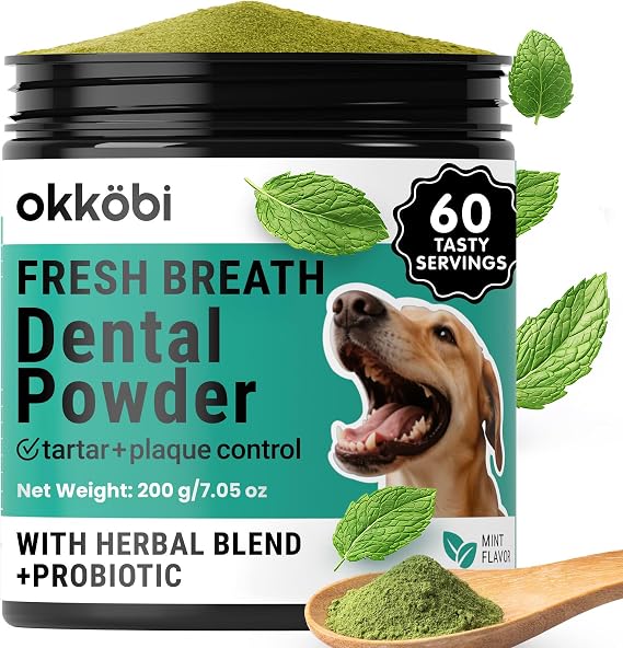 Dog Teeth Cleaning Powder - Dog Breath Freshener + Dental Care for Doggies & Cats + Tartar Remover for Teeth with Natural Ingredients + Probiotics Blend (Mint - 200g)