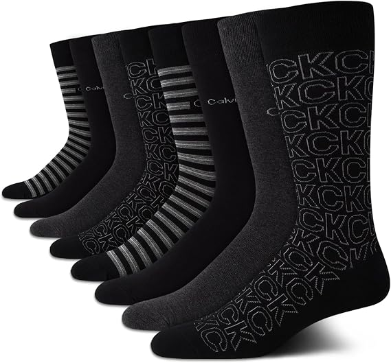 Calvin Klein Mens 8 Pack Soft Cotton Blend Patterned Dress Crew Socks | Soft Breathable Combed Yarn With a Stay Up Cuff and Smooth Toe Seam, Polished All Day Comfort for the Office and Formal Wear