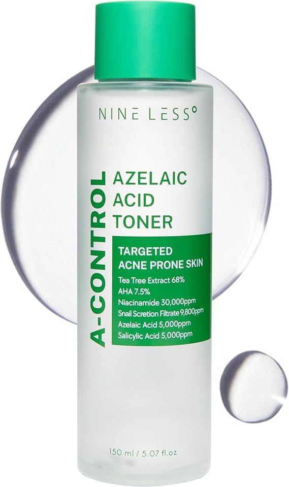 NINELESS A-Control Azelaic Acid Toner with AHA & BHA - Pore Refining & Soothing Facial Toner for Acne-Prone Skin - Redness Relief & Dark Spot Corrector, Korean Skincare, 5.07 fl.oz / 150ml