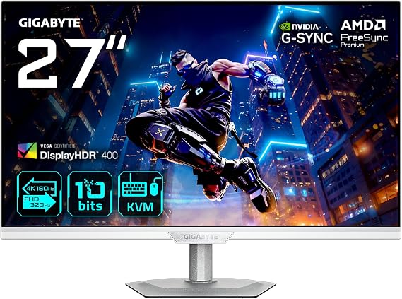 GIGABYTE M27UP ICE 27" SS IPS Dual-Mode Gaming Monitor (Beyaz), 4K UHD 160Hz / FHD 320Hz, 1ms GTG, Mat Ekran, HDMI 2.1 & DP 1.4, DisplayHDR 400, KVM & USB-C, G-SYNC Compatible