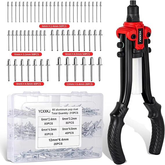Rivet Gun 1/4" Pop Rivet Gun Kit with 210 Rivets 13" Full Metal Heavy Duty Dual Hand Rivet Gun Tool Kit with 5 Nose Pieces Metal Gutter for Car