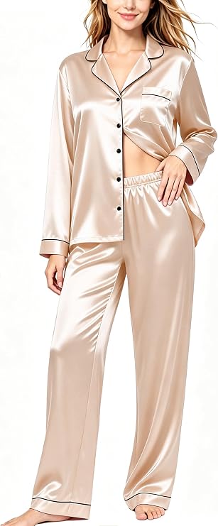 SWOMOG Womens Silk Satin Pajamas Set Long Sleeve Button Down Sleepwear 2 Piece Lounge Set Pj Set XS-3XL