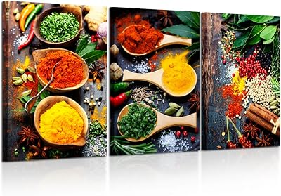 KREATIVE ARTS - Kitchen Pictures Wall Decor 3 Piece Set Canvas Prints Spices and Spoon Vintage Canvas Wall Art Vegetables Paintngs Print on Canvas Framed Ready to Hang for Living Room 16x24inchx3pc