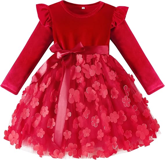 Toddler Girls Tutu Dresses Velvet Long Sleeve Dress for Little Girls Flower Ruffle Winter for Princess Holiday Party