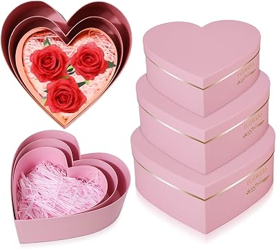 Glenmal 3 Pcs Heart Shaped Gift Boxes with Lids 100g Shredded Paper Fill Nesting Heart Flower Boxes for Wedding Birthday Baby Showers Present PackagingPink
