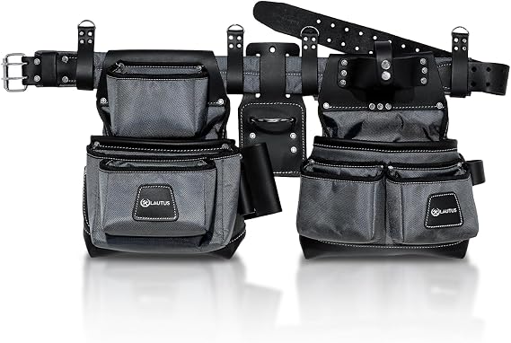 LAUTUS Heavy Duty Top Grain Leather and Nylon Tool Belt for Framers, Carpenters & Electricians, 22 Pockets, Hammer Holder, 4 D-Rings