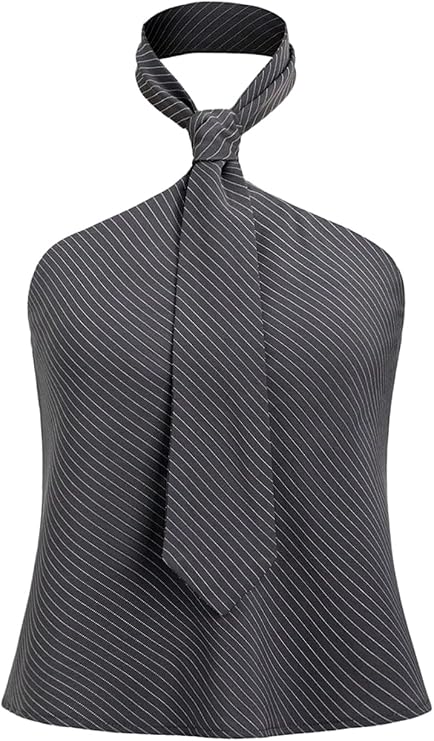 SHENHE Women's Pinstripe Halter Crop Top Backless Neck Tie Dressy Going Out Vest Shirt