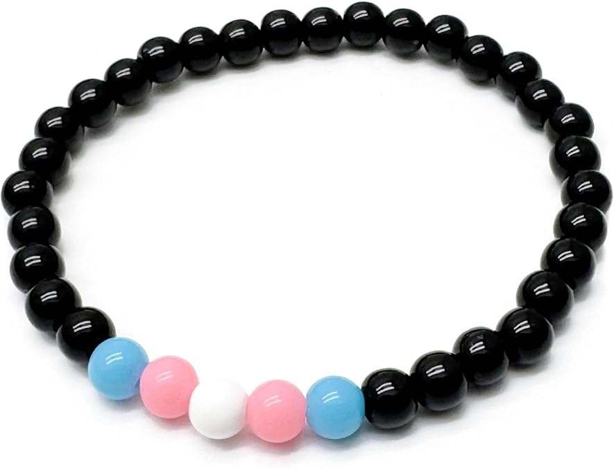 Trans Pride Flag Bead Bracelet, 6mm Pink White Blue and Black Acrylic Beads, Transgender LGBT LGBTQIA+ Awareness, Size Small/Medium 7 inches, Trans Jewelry for Women and Men