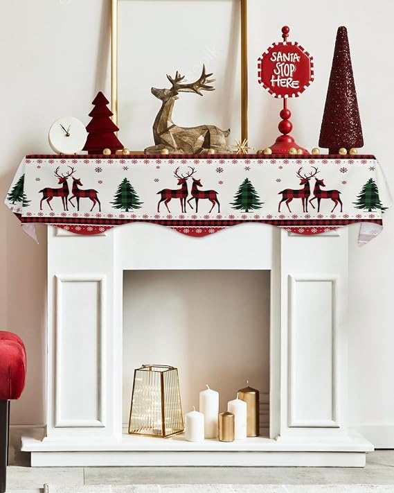 Christmas Reindeer Green Pine Tree Mantel Scarf for Fireplace White Snowflake on Red Border Mantel Shelf Top Scarves Runner for Indoor Home Holiday Party Decor Table Dresser Scarf Runners 60"x17"