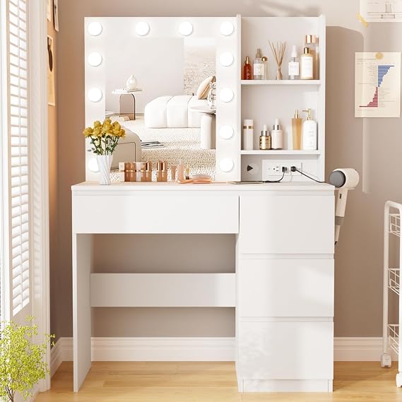 Fameill Makeup Vanity with Lights, 4 Drawers Makeup Table with Lighted Mirror, 37inch Vanity Desk with Power Strip, 3 Lighting Modes, White