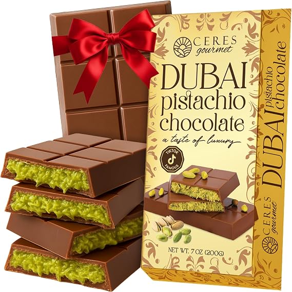 Ceres Gourmet Dubai Crispy Knafeh Chocolate Pistachio Bar 200g Gourmet Gift | Crispy Kunafe Filled with Creamy Pistachio Paste Rich Chocolate Flavor Perfect for Desserts Gifts Sharing and Occasions