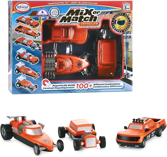 POPULAR PLAYTHINGS Magnetic Mix or Match Race Car Vehicles, Set of 3 | Magnetic Vehicles, Race Car Toys, Car Toys, for Kids 3 & Up, Gift for Toddlers