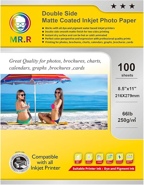 MR.R Double Sided Matte Coated Inkjet Photo Paper Name Card Printing Paper Letter Size 8.5"x11" 100 Sheet 66lb 260gsm for dye and pigment ink