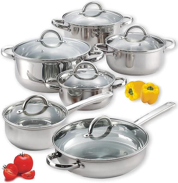Cook N Home Kitchen Cookware Sets, 12-Piece Basic Stainless Steel Pots and Pans, Silver | Stay-Cool Handle, Induction Compatible, Dishwasher and Oven Safe