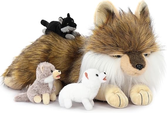 MorisMos Giant Wolf Teddy Soft Toy, 50cm Fluffy Mommy Wolf with 3 Babies Inside, Kawaii Large Wolf Stuffed Animal Gift for Kids Birthday Christmas Deco