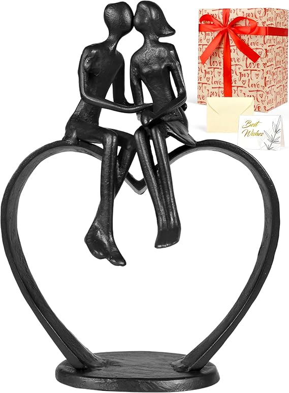 Kresecioo Gifts for Wife, Kissing Couple & Loving Heart Statue Cast Iron Sculpture Decor, Wedding Anniversary Birthday Gifts for Wife Women Girlfriend Her, Wedding Anniversary for Couples
