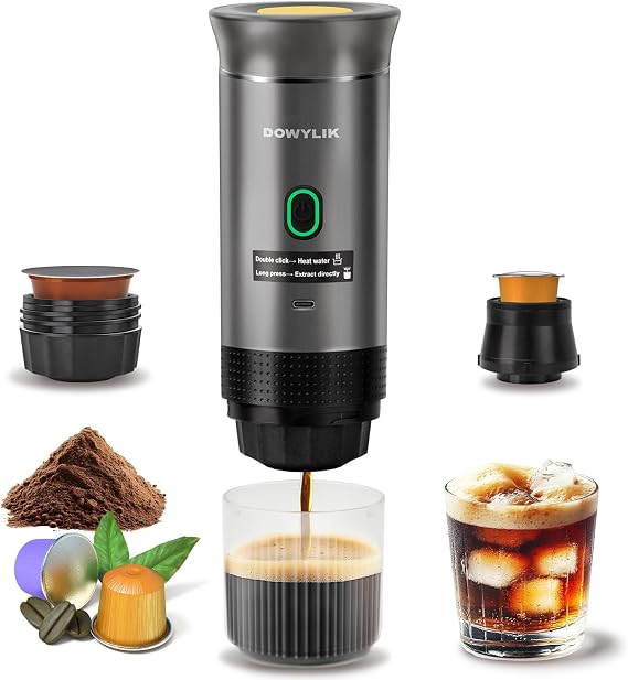 Portable Coffee Maker, 3-in-1 Portable Espresso Maker, Self-Heating Travel Coffee Maker Compatible with NS, DG Pods & Ground Coffee, 20 Bar Mini Espresso Machine for Camping, Hiking