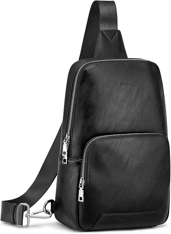 S-ZONE Sling Bag for Women Men RFID Blocking Genuine Leather Crossbody Purses | Top Grain Leather, Multi Pockets, Reversible and Adjustable Strap, Outdoor Travel Daily Use, Black