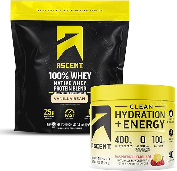 Ascent 100% Whey Protein Powder, Vanilla Bean 4 lb & Hydration + Energy Electrolytes, Raspberry Lemonade 40 Servings