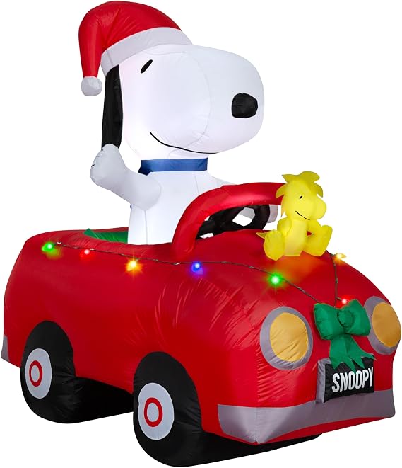 Gemmy Airblown Inflatable Snoopy and Woodstock in Car w/Christmas Lights Scene Peanuts, 6 ft Tall