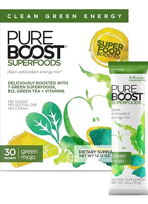 Pureboost Superfoods Clean Energy Booster, Energy Drink Mix Powder with 7 Organic Green Superfoods; Spirulina, Kale, Broccoli and Vitamins, Green Apple, Pineapple, Mango Green Mojo, 30 Count