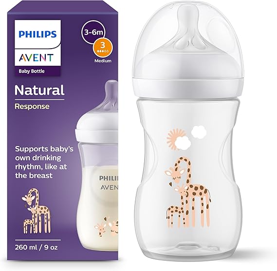 Philips Avent Biberón Natural Response: biberón de 260 ml sin BPA para bebés a partir de 1 mes, estampado Jirafa (modelo SCY903/66)