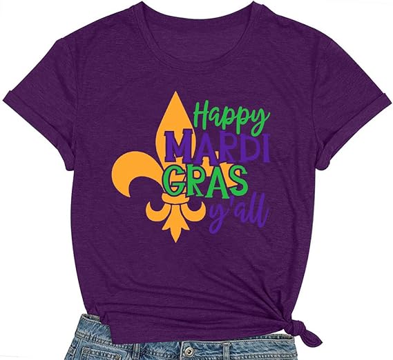 Happy Mardi Gras Yall Shirts for Women Fat Tuesday Carnival T-Shirt New Orleans Party Tee Tops