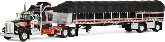First Gear DCP 1/64 Kenworth W900A Aerodyne Sleeper Truck with Wilson Roadbrute 53" Flatbed Spread-Axle Trailer w Covered Wagon 60-2056