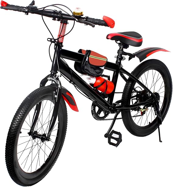 20 Inch Mountain Bike, Kid cycling riding bike, 7 Speed Front & Rear Dual Brake, with Fenders, Water Bottle & Compass, Road Bicycle MTB, City Bike, Max 85KG, Height Adjustable, for Adolescent