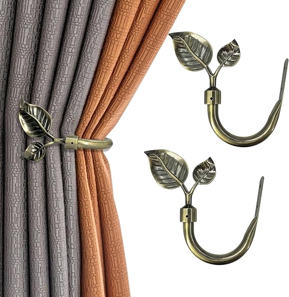 Brass Leaf Curtain Tiebacks - 2 Pack Metal Wall Hooks