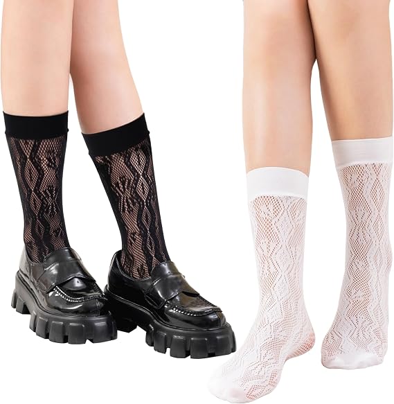 2PCS Women's Lace Socks Ankle Socks Bow Short Socks High Elastane Knee High Stockings Mesh Socks for Women