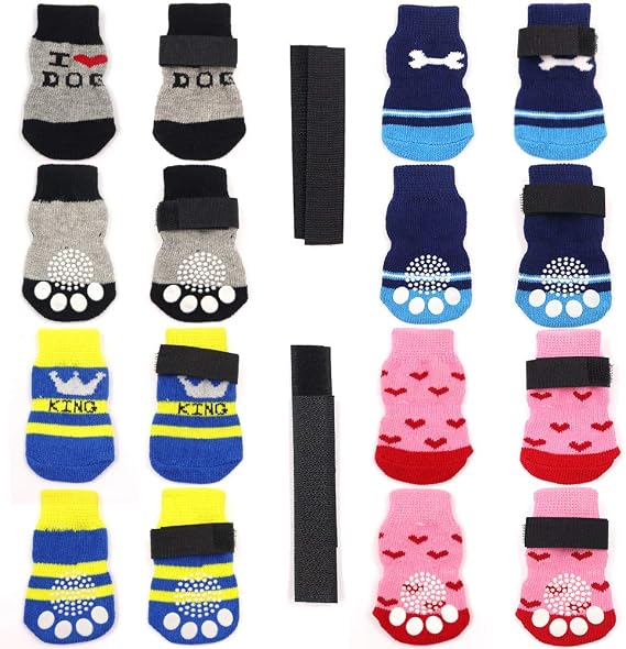 4 Pairs Anti-Slip Dog Socks and Cat Socks with Rubber Reinforcement and 8 Small Straps, Indoor Wear Pet Paw Protector for Hardwood Floors Cat Dogs Style 3 (M)