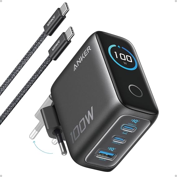 Anker Şarj Cihazı, 100W Maksimum Güç, Kompakt, 3 Bağlantı Noktalı, GaN USB-C Şarj Bloğu, Akıllı Ekran ve Dokunmatik Kontrol, Siyah - B121B