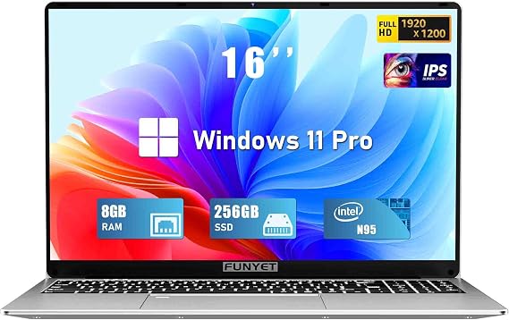 FUNYET Laptop Computer, Gaming Laptop 2025 Windows 11 Pro, 16 Inch Lap Top PC, 8GB RAM 256GB SSD, Intel 12th Gen Processor(up to 3.4GHz), Backlit Keyboard, Fingerprint Unlock, FHD,