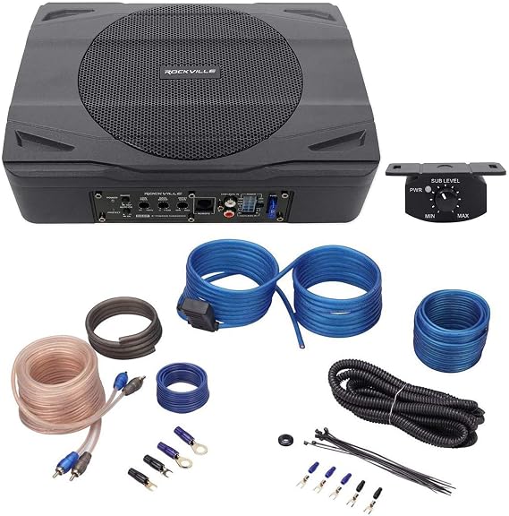 Rockville SS8P 8" Powered Under-Seat Car Subwoofer with RWK10 Amp Kit