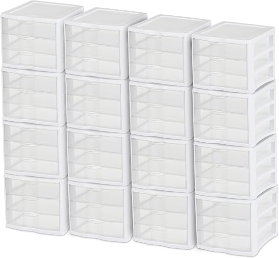 Sterilite ClearView Compact Stacking 3 Drawer Storage Organizer System for Crafting Supplies, Home Office, or Dorm Room, (16 Pack)