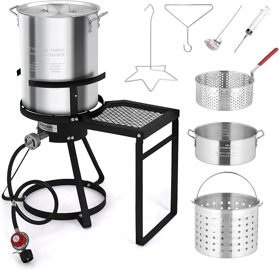 ROVSUN 30QT Turkey Fryer & 10QT Fish Fryer Kit, 55000BTU Propane Stove with Shelf, Aluminum Outdoor Deep Fryer & Seafood Boiler Steamer w/Baskets, Thermometer, Marinade Injector, Turkey Rack & Lifter