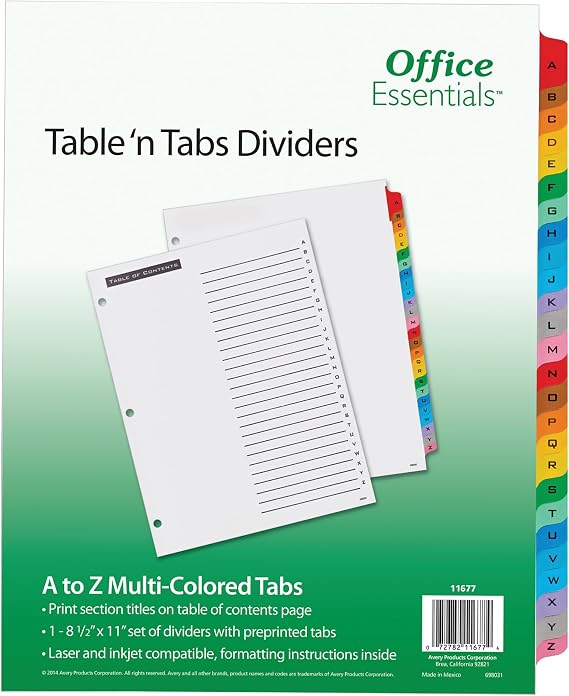 Office Essentials Table of Contents Dividers, A-Z Tab, Color, 1 Set
