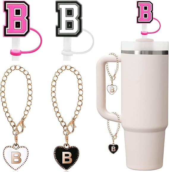 Straw Cover for Stanley Cup Accessories White Black Letter Cover Cap Letter Charms for Stanley 30&40 Oz Tumblers with Handle/Yeti,Initial Letter Name Plate Straw Toppers (B 2pcs letter & 2pcs charms)