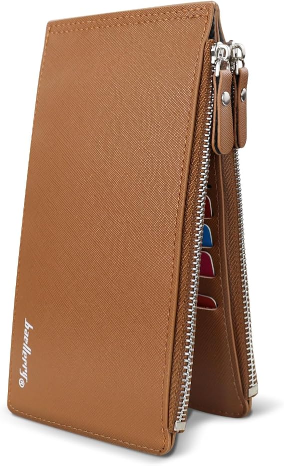 Slim Wallet for Men, Bifold PU Leather Long Wallet 16 Slots Card Holder Wallet with ID Window Double Zip Pocket Credit Card Holder for Woman (Brown)