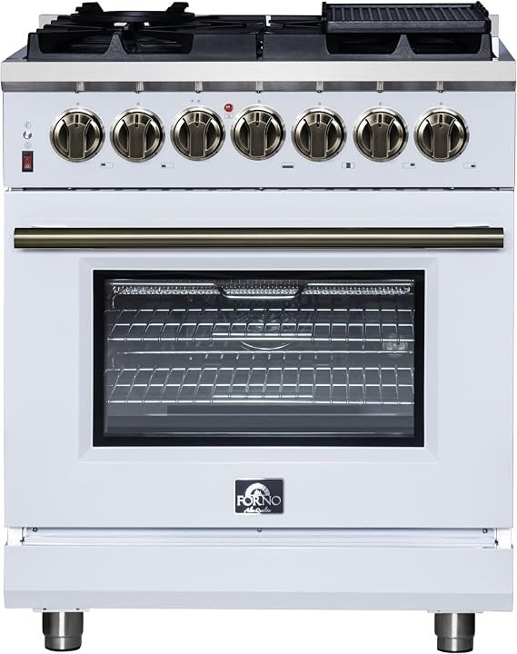 Forno Massimo 30-Inch Freestanding Dual Fuel Range with Antique Brass Trim, Handle & Knobs, 4 Sealed Burners, 4.32 cu. ft. Convection Oven, Professional Gas Cooktop & Electric Oven - White